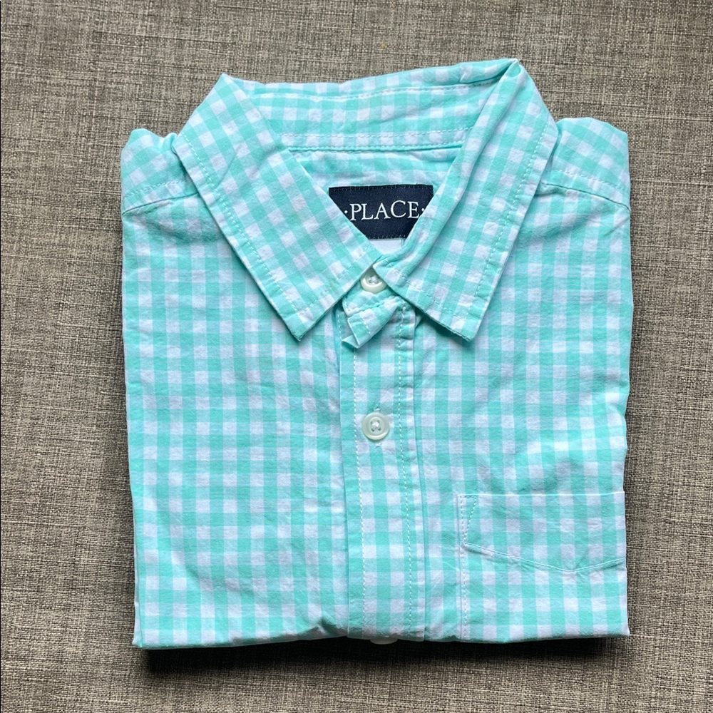 The Children’s Place Teal Gingham Short Sleeve Button Down Shirt NWT 10/12
